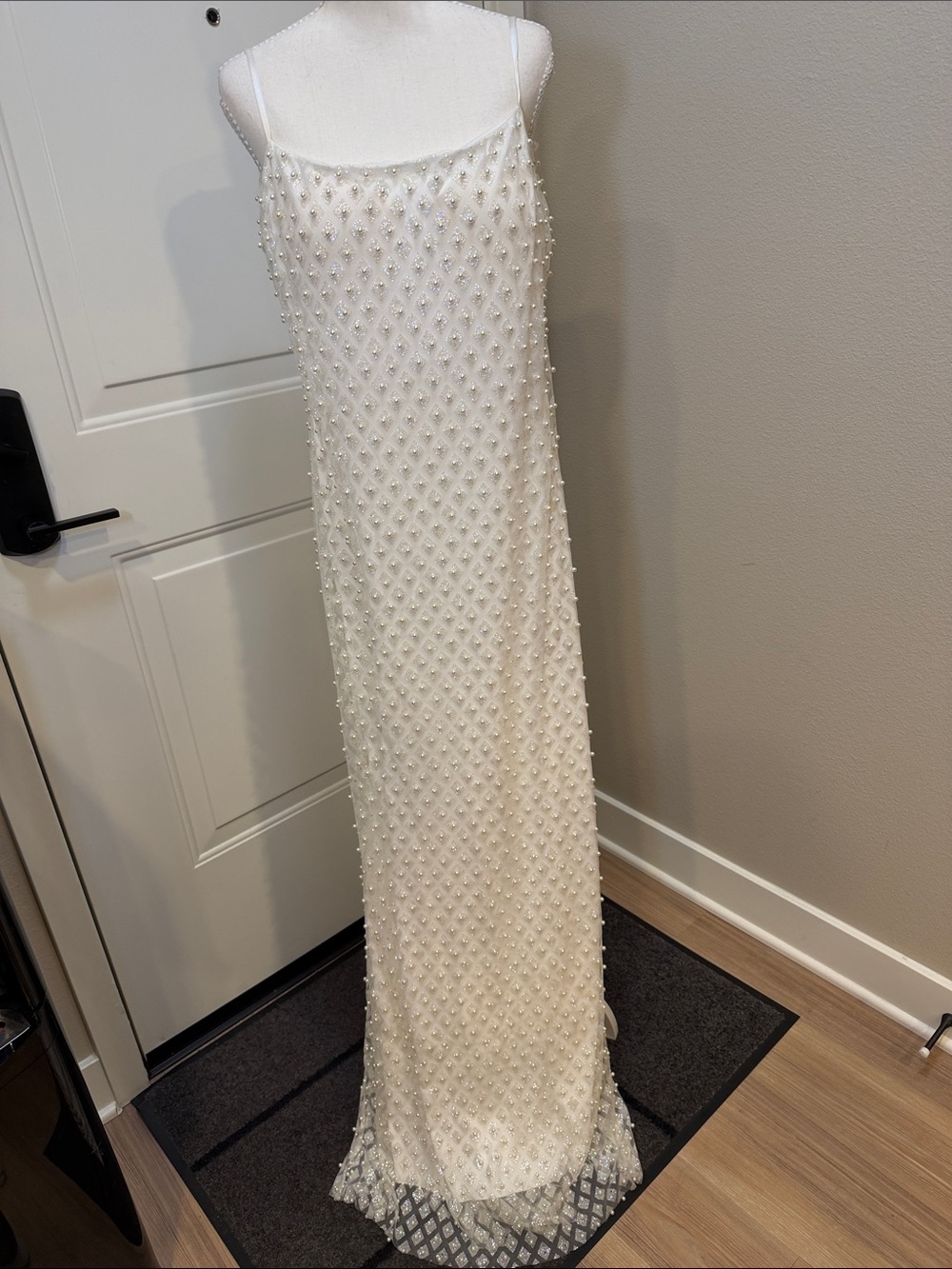 B Darlin White Pearl-Embellished Strapless-Look Spaghetti Strap Gown - Picture 3 of 9